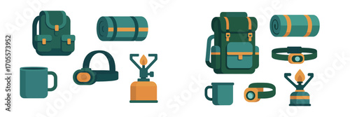 Essential camping and hiking equipment set including backpacks, sleeping mats, headlamps, mugs, and stoves for outdoor adventures