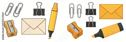 Assortment of essential stationery items like paper clips, binder clips, envelopes, pencil sharpener, and highlighter
