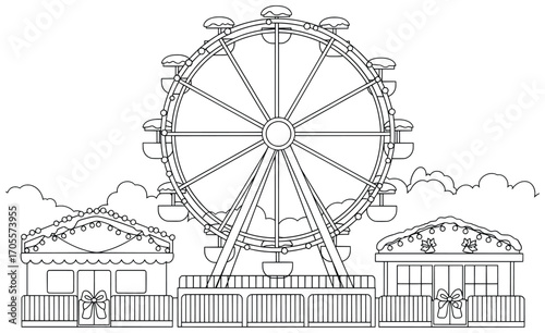 Christmas ferris wheel illustration of a festive amusement ride with decorated cabins and surrounding holiday buildings adorned with lights and bows in a winter fairground