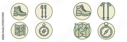 Outdoor adventure and hiking equipment icons featuring boots, trekking poles, maps, and compasses for exploration and travel