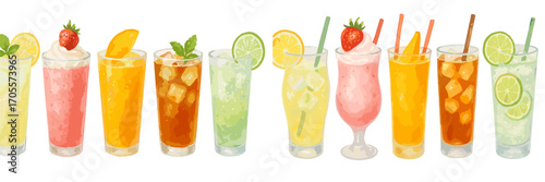 Assortment of vibrant refreshing summer beverages with fruit garnishes and ice in tall glasses on a clean white background