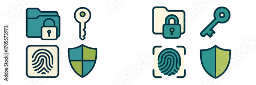 Digital security and data protection icons set with folder, lock, key, fingerprint, and shield symbols