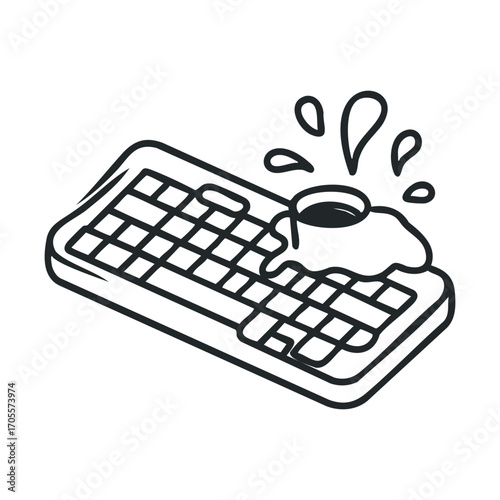 Liquid spill on computer keyboard causing damage and disruption. Vector illustration