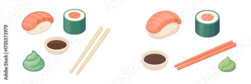 Delicious Japanese sushi set with nigiri, maki rolls, soy sauce, wasabi, and chopsticks for Asian cuisine