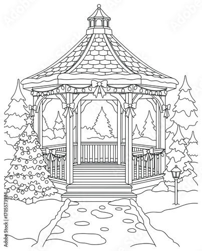 Christmas gazebo illustration of a festive wooden pavilion decorated with bows and string lights surrounded by snowy trees and a holiday scene in a winter landscape