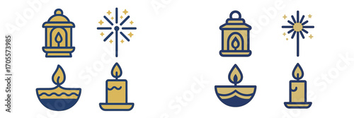 Festive celebration lights and decorative elements including traditional lanterns, sparklers, and burning candles