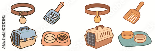 Set of essential pet care accessories including collars, litter scoops, travel carriers, and feeding bowls for domestic animals