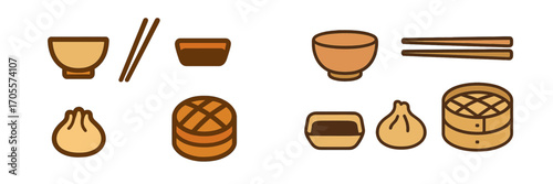Asian Cuisine Food Icons with Steamed Dumplings Bowls Chopsticks and Bamboo Steamer