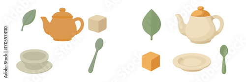 Stylized teaware elements including teapots, cups, saucers, spoons, sugar cubes, and fresh tea leaves