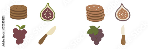 Sweet and savory food elements: stacked cookies, sliced fig, bunch of grapes, and a butter knife