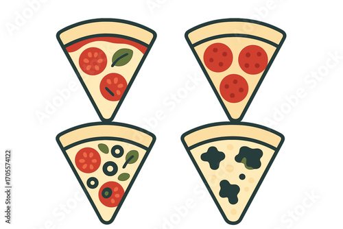 Assortment of four delicious pizza slices with various toppings including pepperoni, olives, tomatoes, and mushrooms on a white background