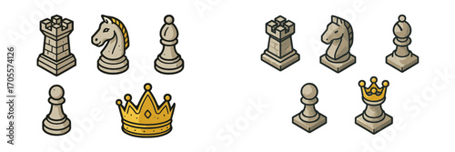 Isometric chess pieces set with rook, knight, bishop, pawn, and queen crown for strategic game design and competition