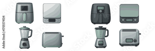 Collection of modern kitchen appliances including air fryers, blenders, toasters, and digital scales