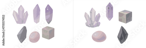 Natural raw crystals and polished gemstones in various shapes, colors, and textures for spiritual and decorative designs