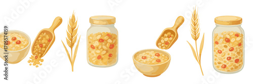 Nutritious breakfast cereal ingredients with whole grain oats, dried berries, and wheat stalks in wooden bowls, scoops, and glass jars
