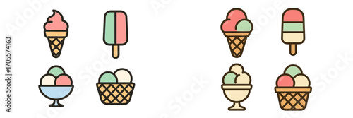 Sweet frozen dessert collection with ice cream cones, popsicles, and scoops in bowls and waffle baskets for summer