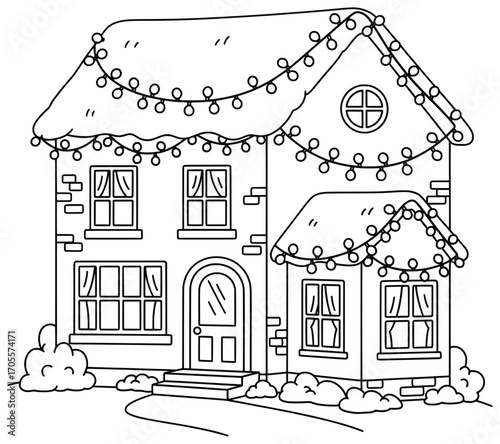Christmas house illustration of a festive home decorated with glowing string lights on the roof and windows creating a cheerful seasonal holiday atmosphere outdoors
