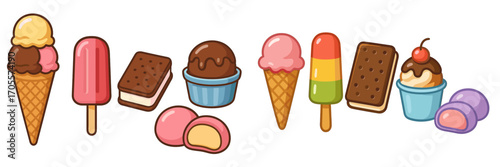 Vibrant assortment of colorful frozen desserts including ice cream cones, popsicles, sandwiches, and mochi treats