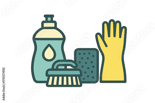 Essential household cleaning supplies for kitchen dishwashing, general hygiene, and domestic maintenance tasks, still life flat graphic