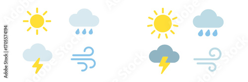 Weather forecast symbols set with sun, rain, storm, and wind icons for meteorological applications