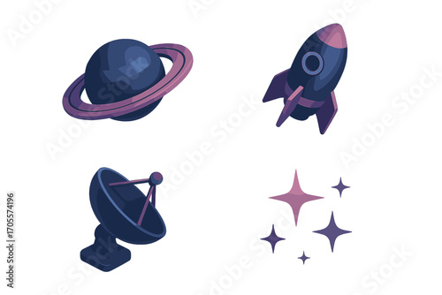 Space exploration elements with ringed planet, flying rocket, communication satellite, and shining stars