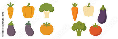 Colorful fresh garden vegetables including carrots, bell peppers, broccoli, eggplants, and ripe tomatoes