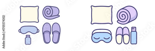 Cozy sleep accessories set featuring a soft pillow, rolled blanket, eye mask, comfortable slippers, and a small bottle for ultimate relaxation