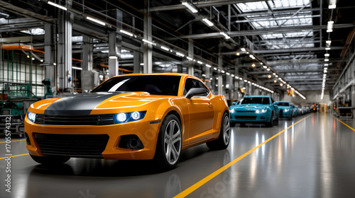 Modern car manufacturing robot assembly line with red vehicle in high-tech factory, showcasing automated production and innovation