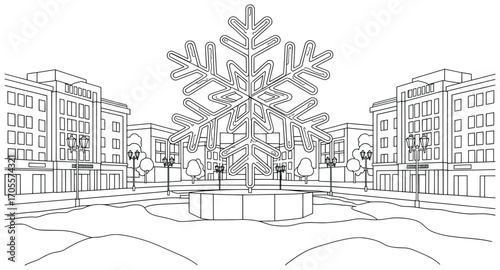 Christmas snowflake illustration of a giant festive decoration displayed in a city square with tall buildings, street lamps, and winter surroundings creating a holiday scene