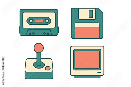 Collection of retro technology icons including a cassette tape, floppy disk, joystick, and vintage computer monitor