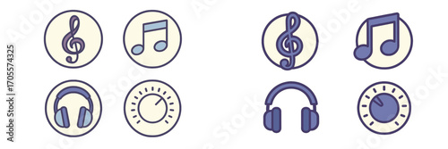 Collection of music and audio interface icons, including a treble clef, musical note, headphones, and a volume control dial, representing sound and entertainment
