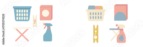 Essential household laundry and cleaning items set featuring baskets, detergent, clothespins, ironing board, and spray bottles