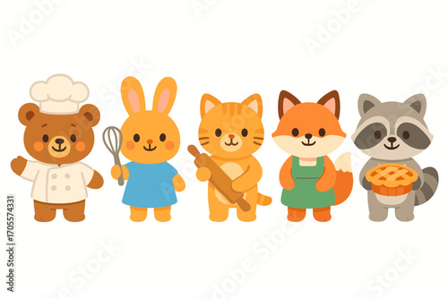 Sweet woodland animal bakers wearing chef hats and aprons holding kitchen utensils and a delicious pie
