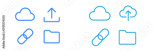 Modern blue outline icons for cloud storage, data upload, file linking, and digital folder management