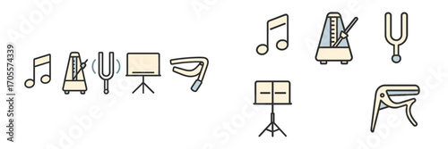Set of musical instruments and accessories including note, metronome, tuning fork, music stand, and guitar capo