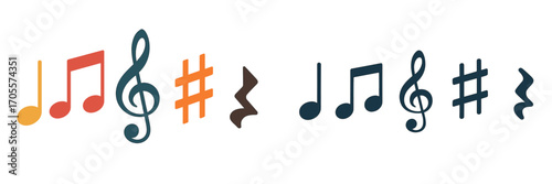 Vibrant and dark musical notes, treble clef, sharp, and rest symbols for melody, rhythm, harmony