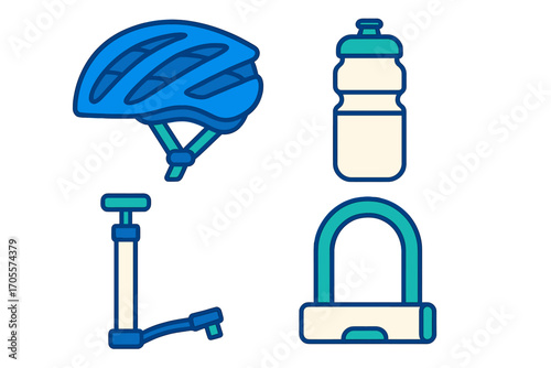 Collection of essential cycling equipment including protective helmet, hydration bottle, tire pump, and secure lock