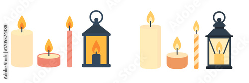 Assortment of glowing candles in various shapes and sizes alongside traditional lanterns providing warm ambient light