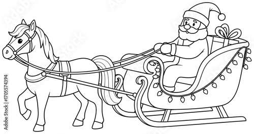 Christmas sleigh illustration of Santa riding in a decorated carriage pulled by a horse with glowing string lights and presents creating a joyful seasonal holiday scene