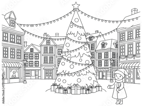 Christmas tree illustration of a festive evergreen with ornaments, lights, and gift boxes displayed in a decorated town square with historic buildings and a happy child