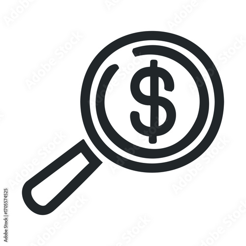 Magnifying glass focusing on dollar symbol for financial analysis. Vector illustration