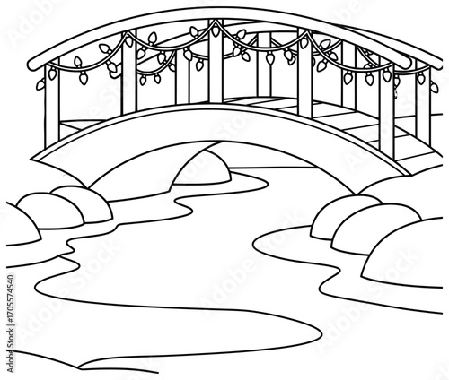 Christmas bridge illustration of a festive wooden crossing decorated with glowing string lights over a snowy stream surrounded by rocks creating a cheerful seasonal holiday scene