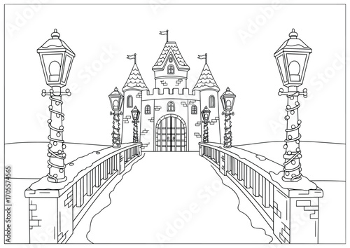 Christmas castle illustration of a festive fortress with decorated lamp posts wrapped in string lights along a snowy bridge creating a cheerful seasonal holiday scene