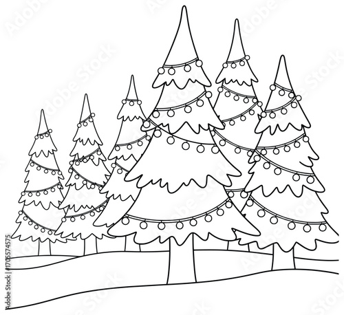Christmas forest illustration of festive evergreen trees decorated with glowing string lights in a snowy landscape creating a cheerful seasonal holiday outdoor atmosphere