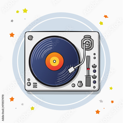 Illustration of a white turntable with a blue vinyl record, a vector design concept