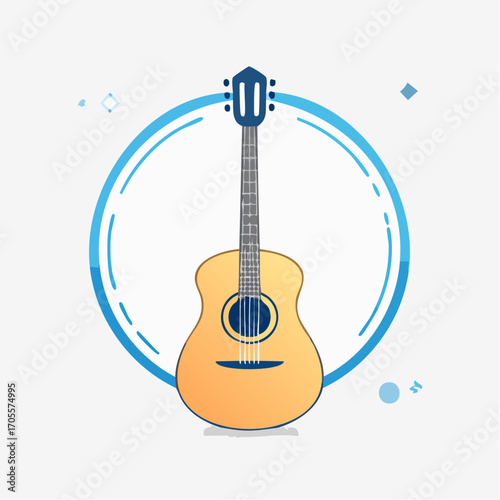 Illustration of an acoustic guitar with a blue circle and decorative elements for musical themes