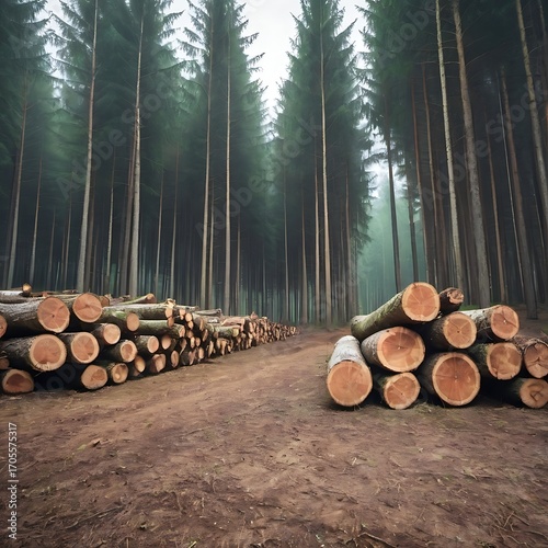 Stack of freshly cut trees in a forest, deforestation concept.