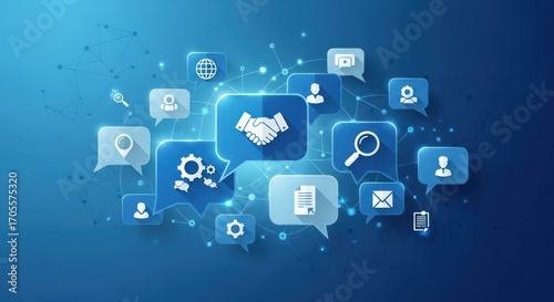 Digital network collaboration: interconnected communication and teamwork visualized with speech bubbles and icons.