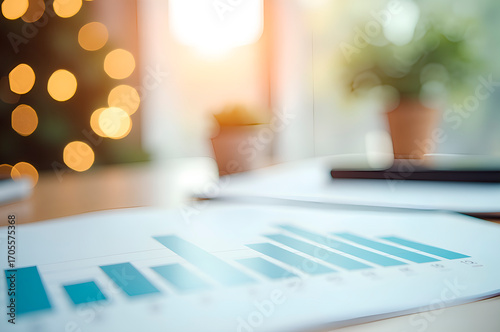 Business Analytics Report on Desk with Sunlight and Bokeh Backgr