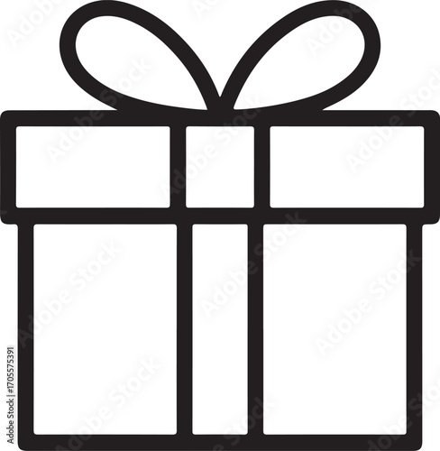 Simple black and white line art icon of a gift box with a bow